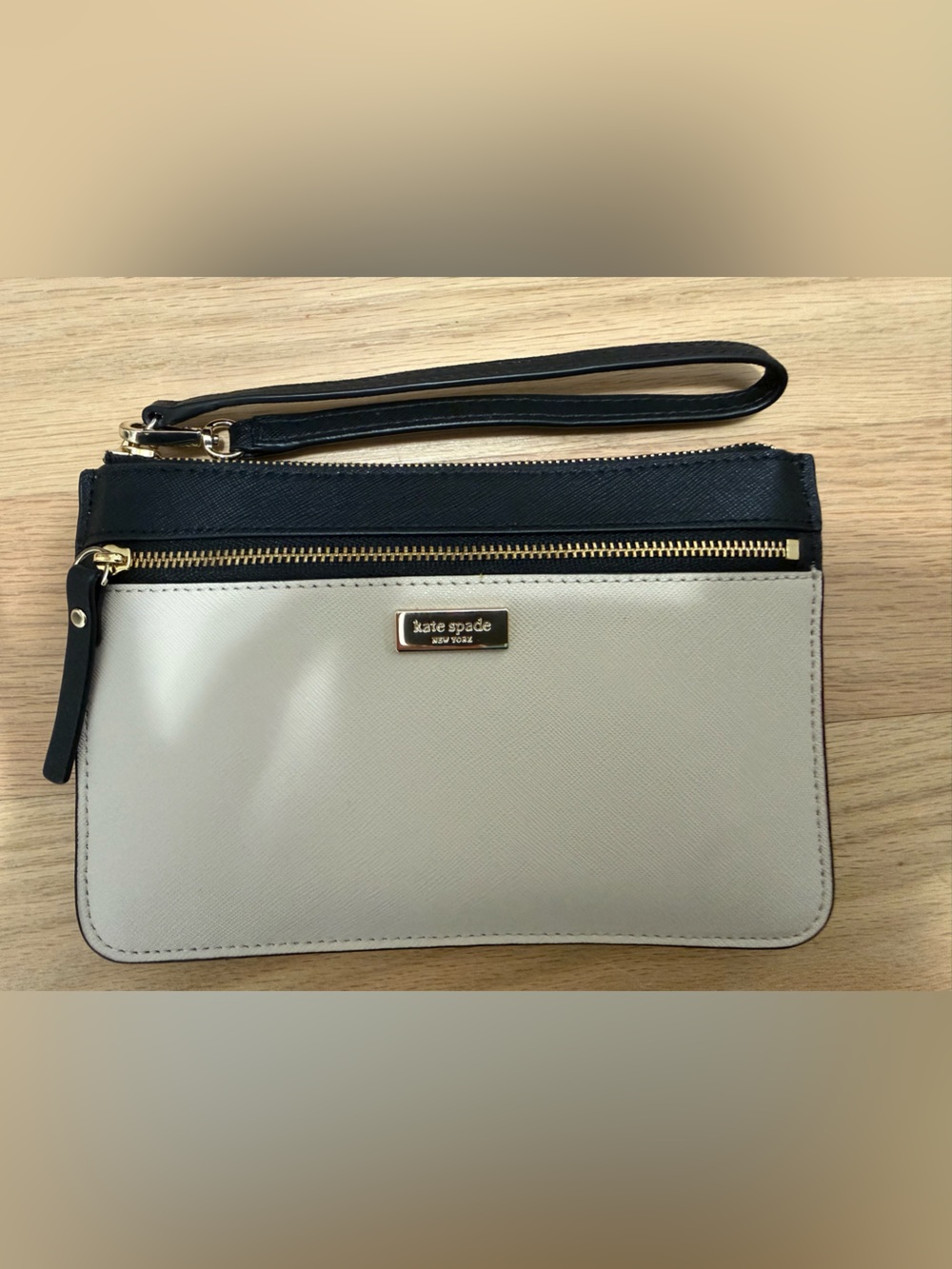 Kate Spade Beige and Black Zip Wristlet with Gold Hardware